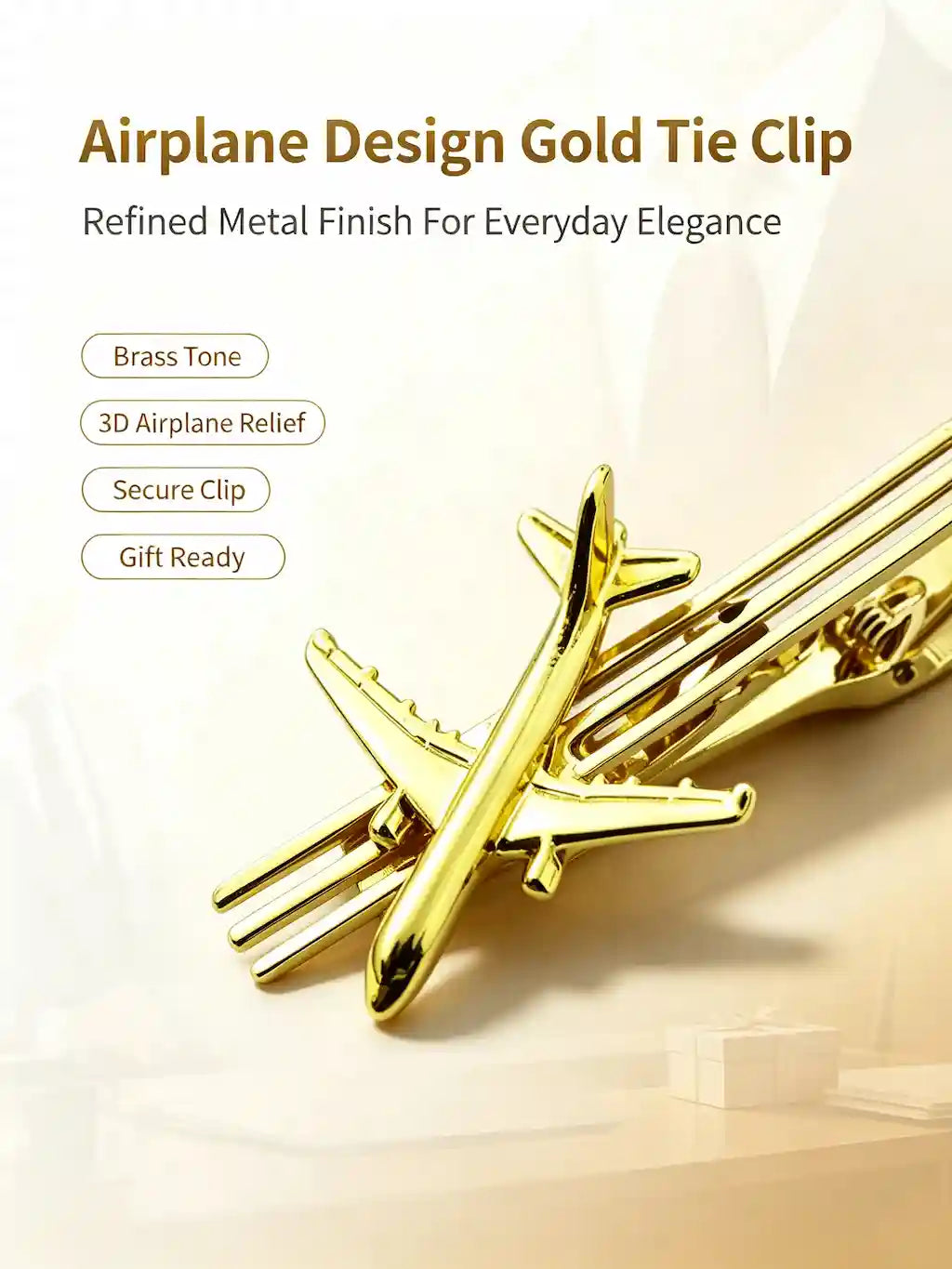 A330 Airplane Design Gold Tie Clip | 3D Relief Brass Tone Metal Tie Bar