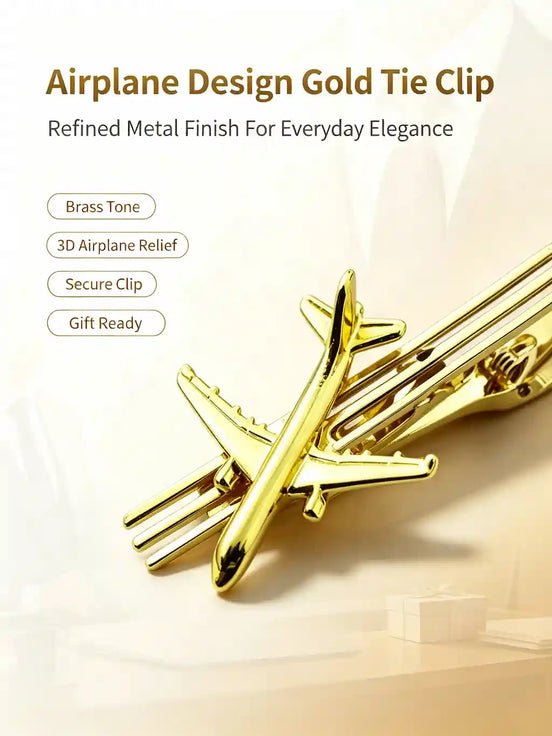A330 Airplane Design Gold Tie Clip | 3D Relief Brass Tone Metal Tie Bar