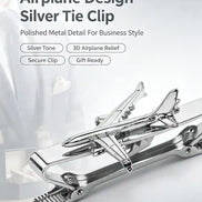 Airplane Design Silver Tie Clip | 3D Relief Chrome Polished Metal Tie Bar for Men