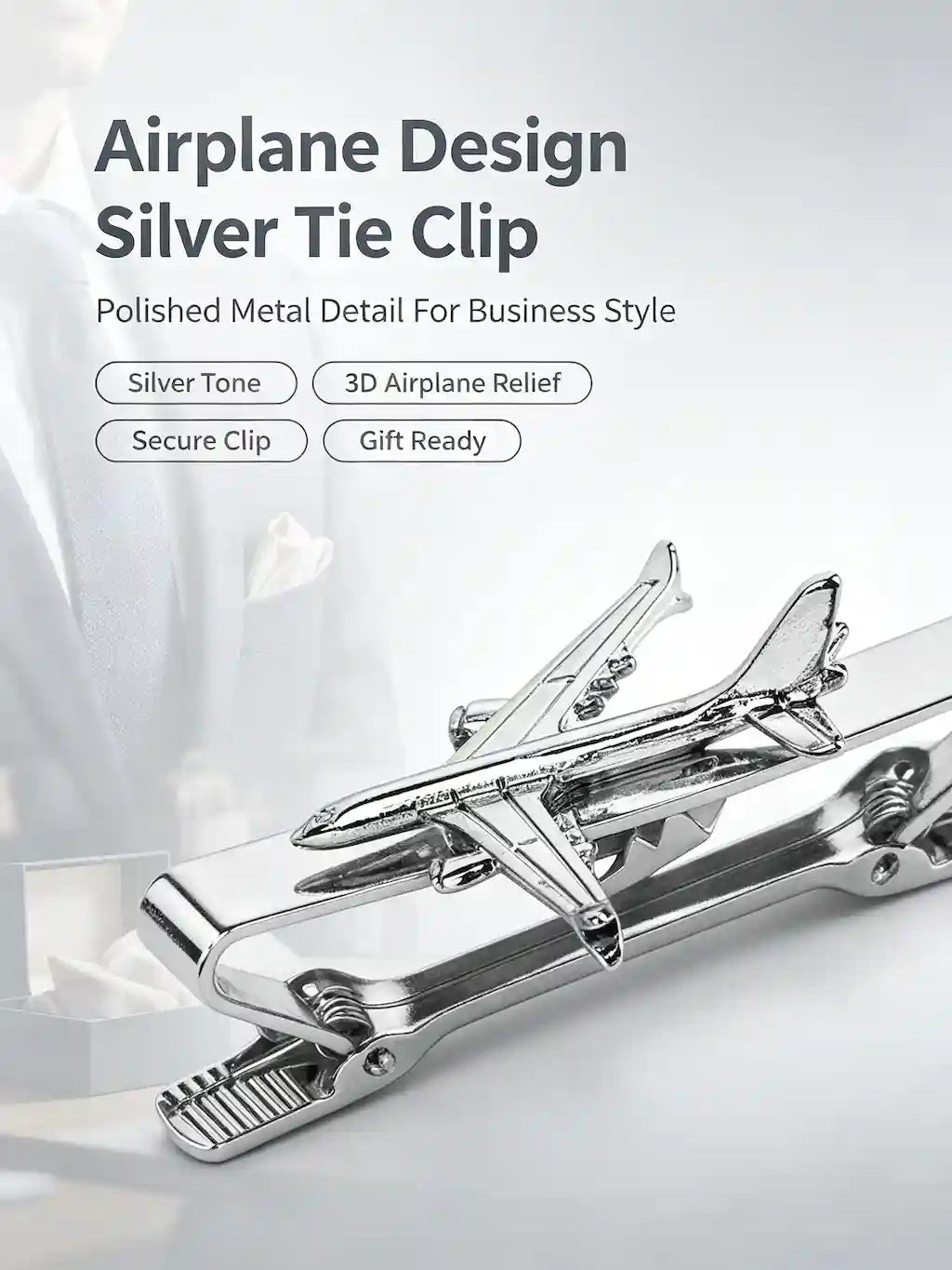 Airplane Design Silver Tie Clip | 3D Relief Chrome Polished Metal Tie Bar for Men