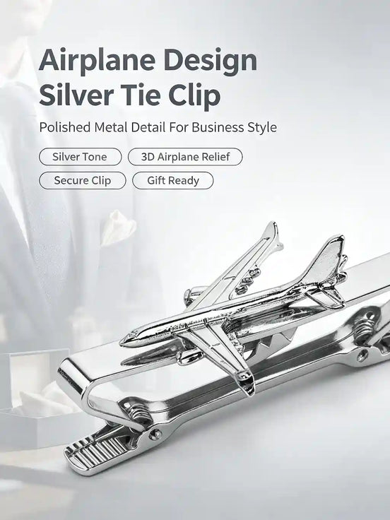 Airplane Design Silver Tie Clip | 3D Relief Chrome Polished Metal Tie Bar for Men