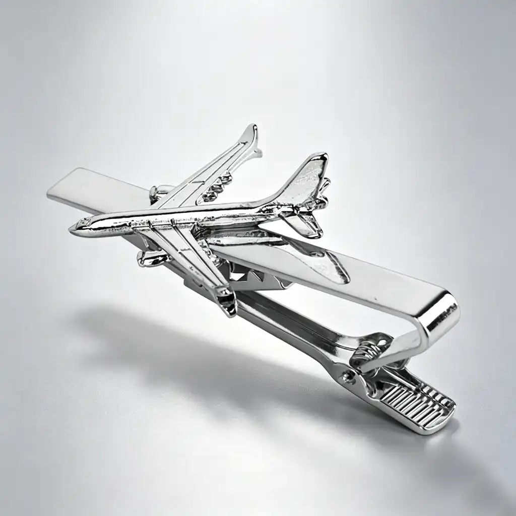 Airplane Design Silver Tie Clip | 3D Relief Chrome Polished Metal Tie Bar for Men