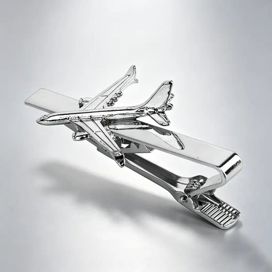 Airplane Design Silver Tie Clip | 3D Relief Chrome Polished Metal Tie Bar for Men