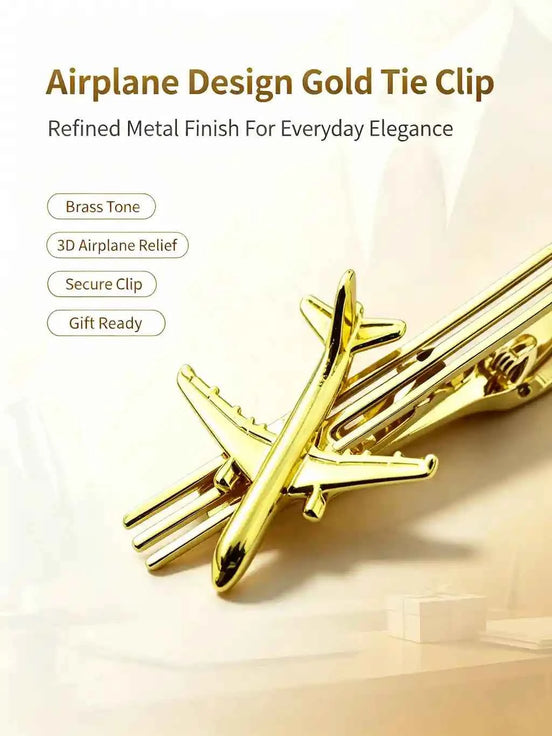 A330 Airplane Design Gold Tie Clip | 3D Relief Brass Tone Metal Tie Bar - GFTCRAFTS