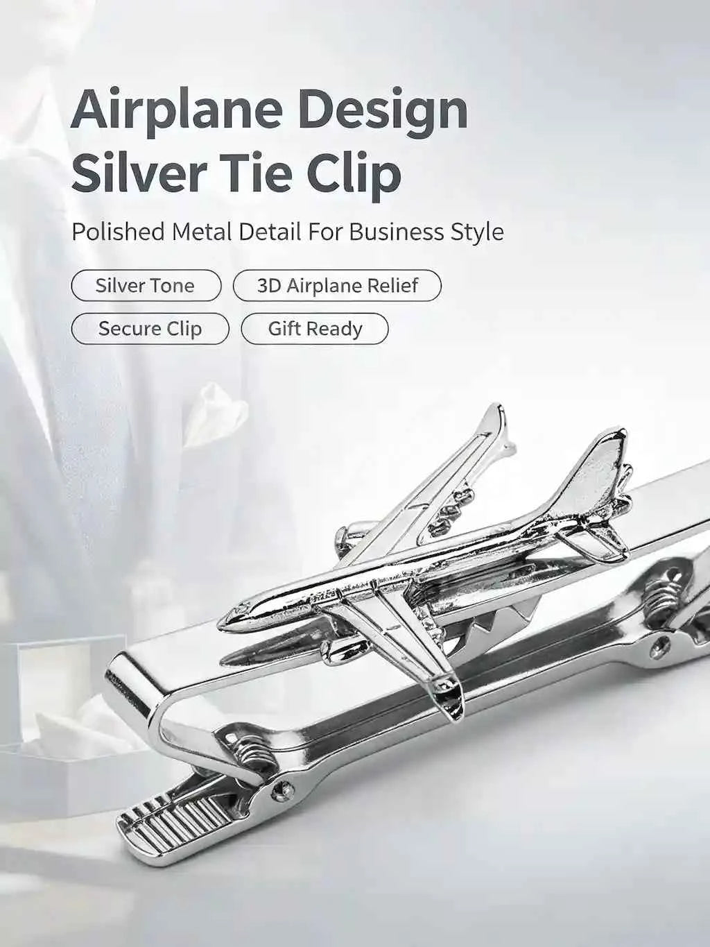 Airplane Design Silver Tie Clip | 3D Relief Chrome Polished Metal Tie Bar for Men - GFTCRAFTS