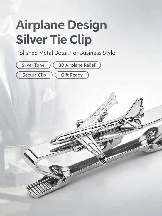 Airplane Design Silver Tie Clip | 3D Relief Chrome Polished Metal Tie Bar for Men - GFTCRAFTS