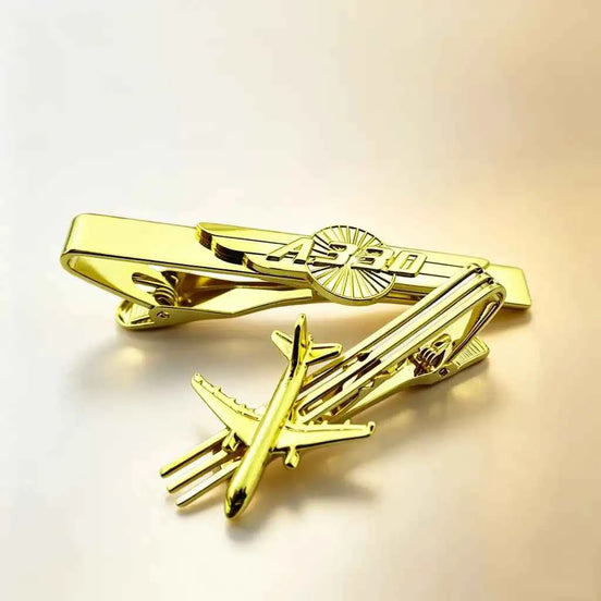 A330 Airplane Design Gold Tie Clip | 3D Relief Brass Tone Metal Tie Bar - GFTCRAFTS