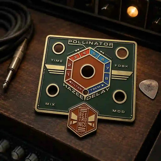 Custom Metal Guitar Pedal Faceplate & Enamel Pin Set | Beetronics Pollinator Sample - GFTCRAFTS