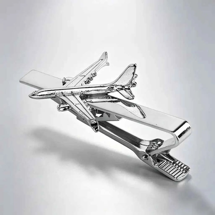 Airplane Design Silver Tie Clip | 3D Relief Chrome Polished Metal Tie Bar for Men - GFTCRAFTS