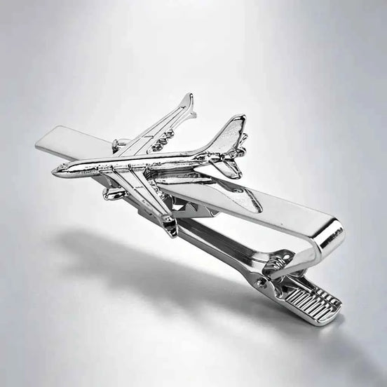 Airplane Design Silver Tie Clip | 3D Relief Chrome Polished Metal Tie Bar for Men - GFTCRAFTS