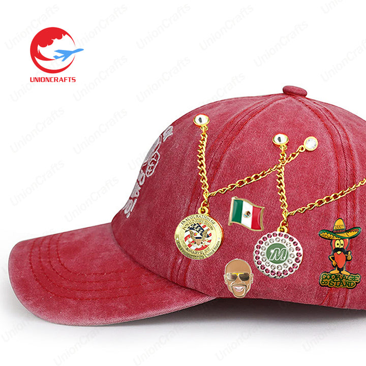 Factory Wholesale Custom Design Pin Hat Cap Clip Club Gold Plated Hat Chain Pin Charms Hat Pins with Chain