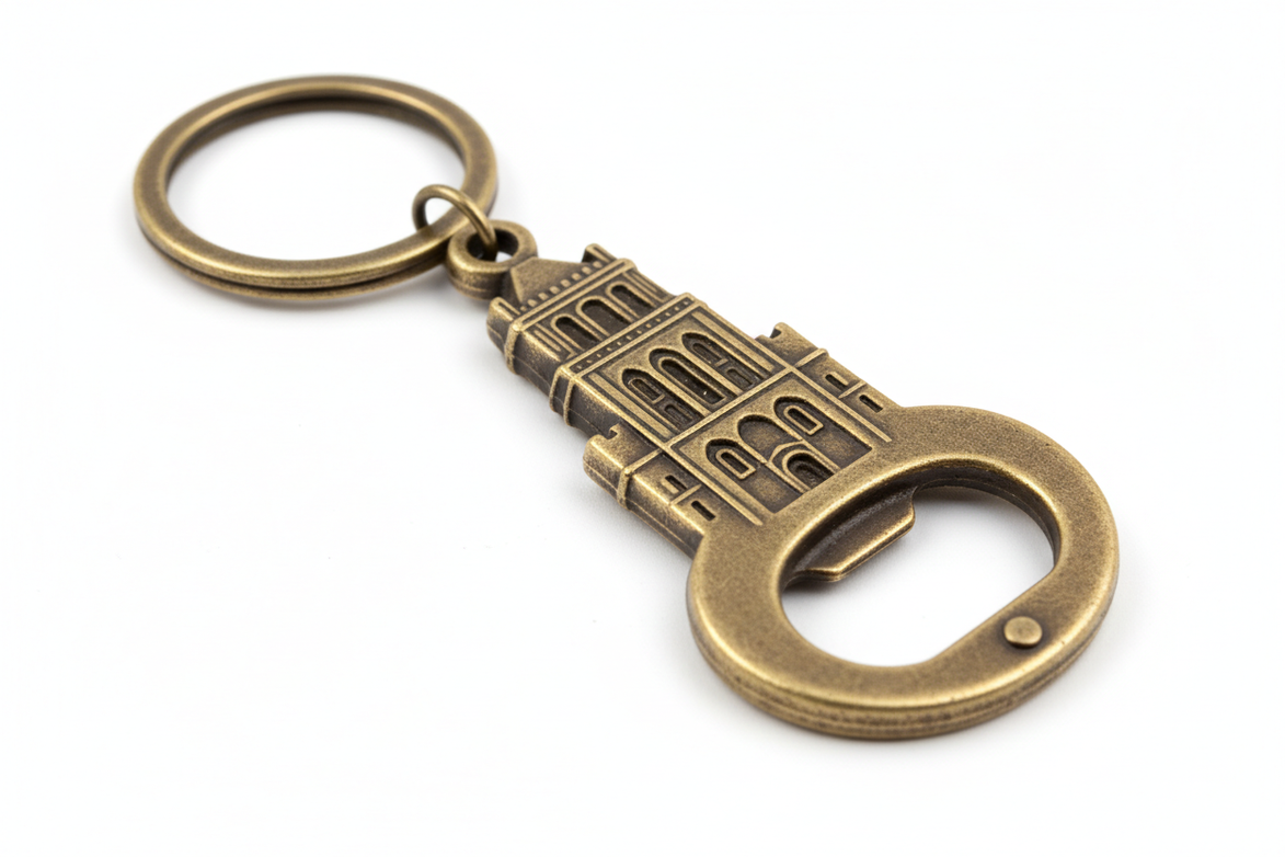 Zinc alloy antique bronze bottle opener keychain close-up