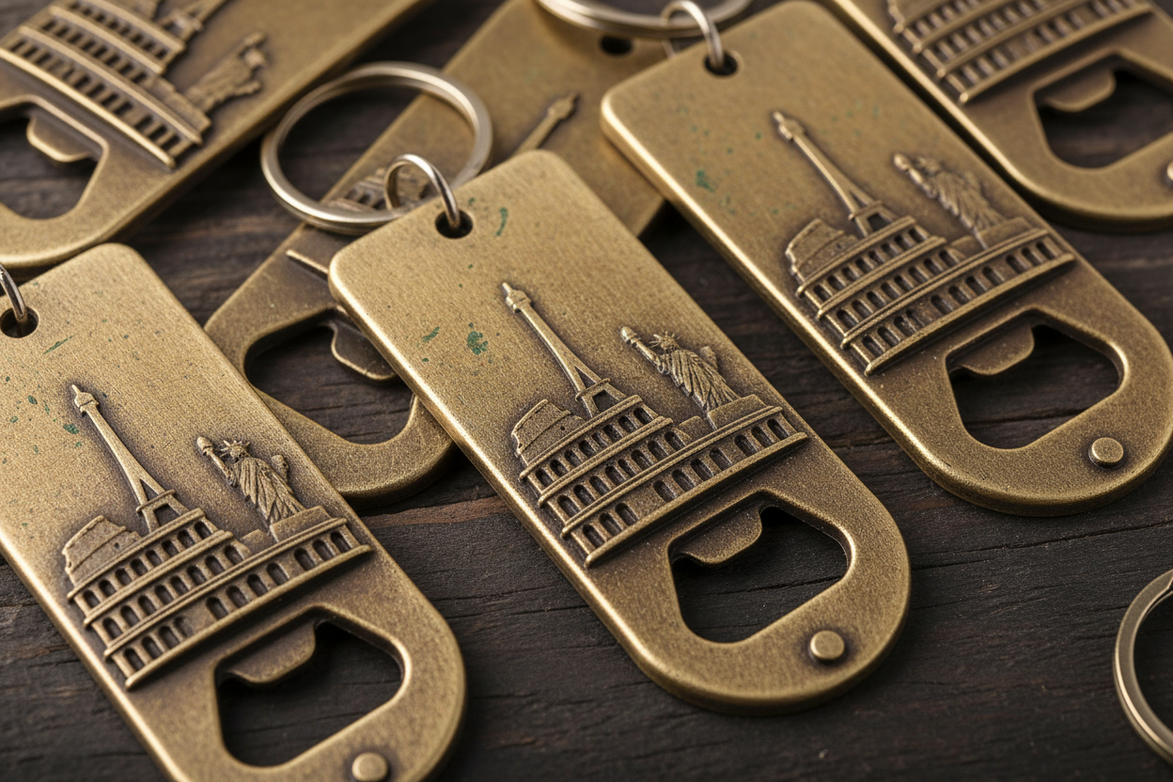 Zinc alloy antique bronze tourist bottle opener keychains flat lay